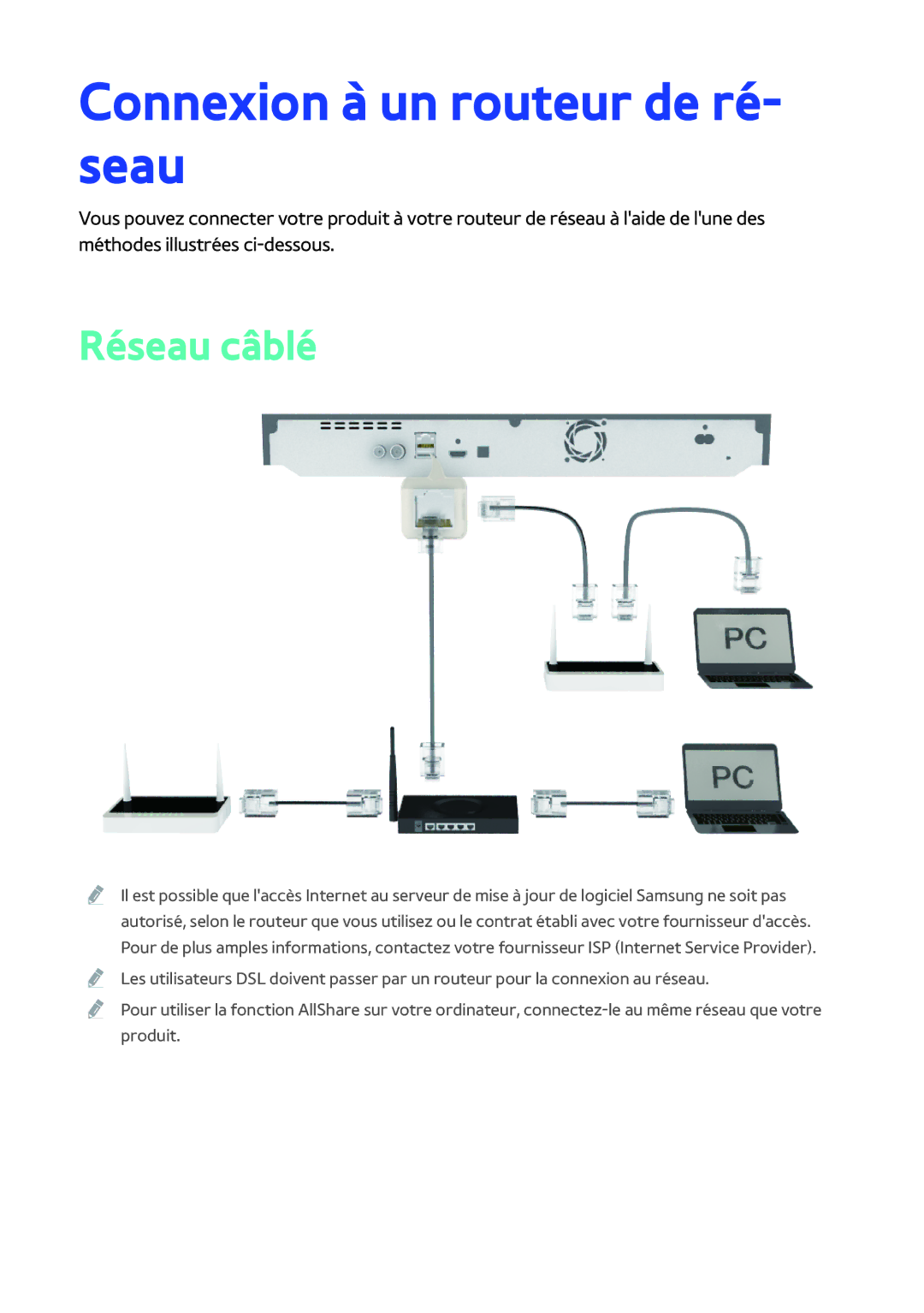 Samsung BD-F8900/ZF, BD-F8500/ZF manual Connexion à un routeur de ré- seau, Réseau câblé 