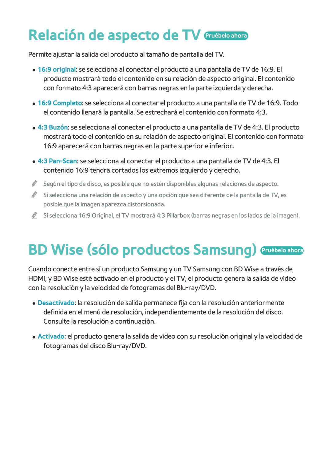 Samsung BD-F8900/ZF, BD-F8500/ZF Relación de aspecto de TV Pruébelo ahora, BD Wise sólo productos Samsung Pruébelo ahora 