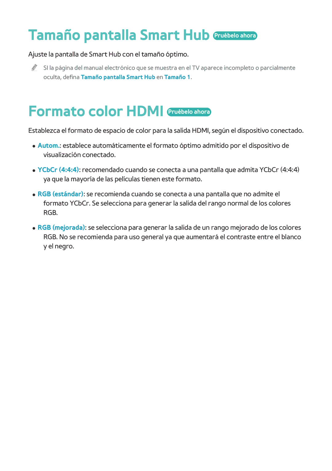 Samsung BD-F8900/ZF, BD-F8500/ZF manual Tamaño pantalla Smart Hub Pruébelo ahora, Formato color Hdmi Pruébelo ahora 