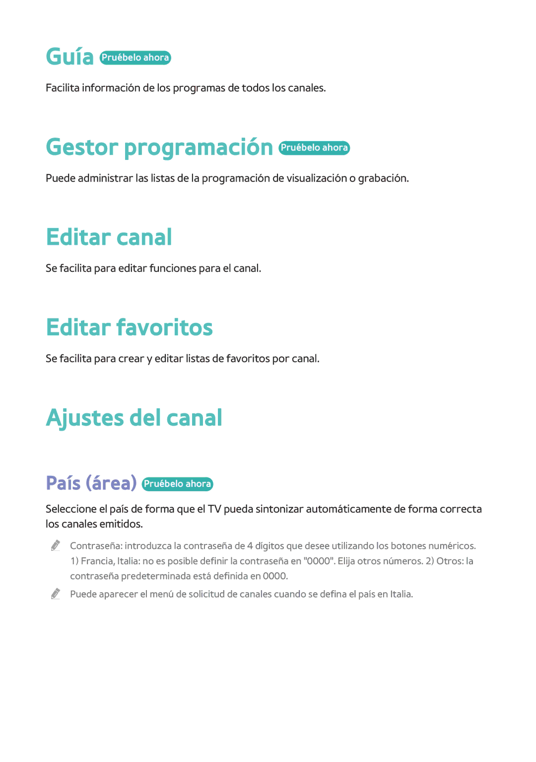 Samsung BD-F8500/ZF, BD-F8900/ZF Gestor programación Pruébelo ahora, Editar canal, Editar favoritos, Ajustes del canal 