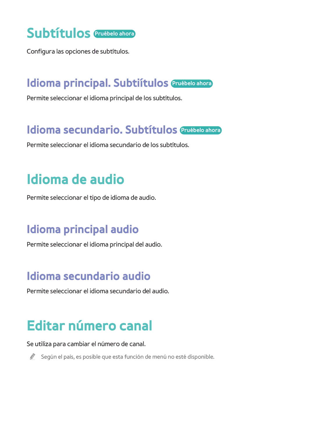 Samsung BD-F8500/ZF, BD-F8900/ZF manual Idioma de audio, Editar número canal 