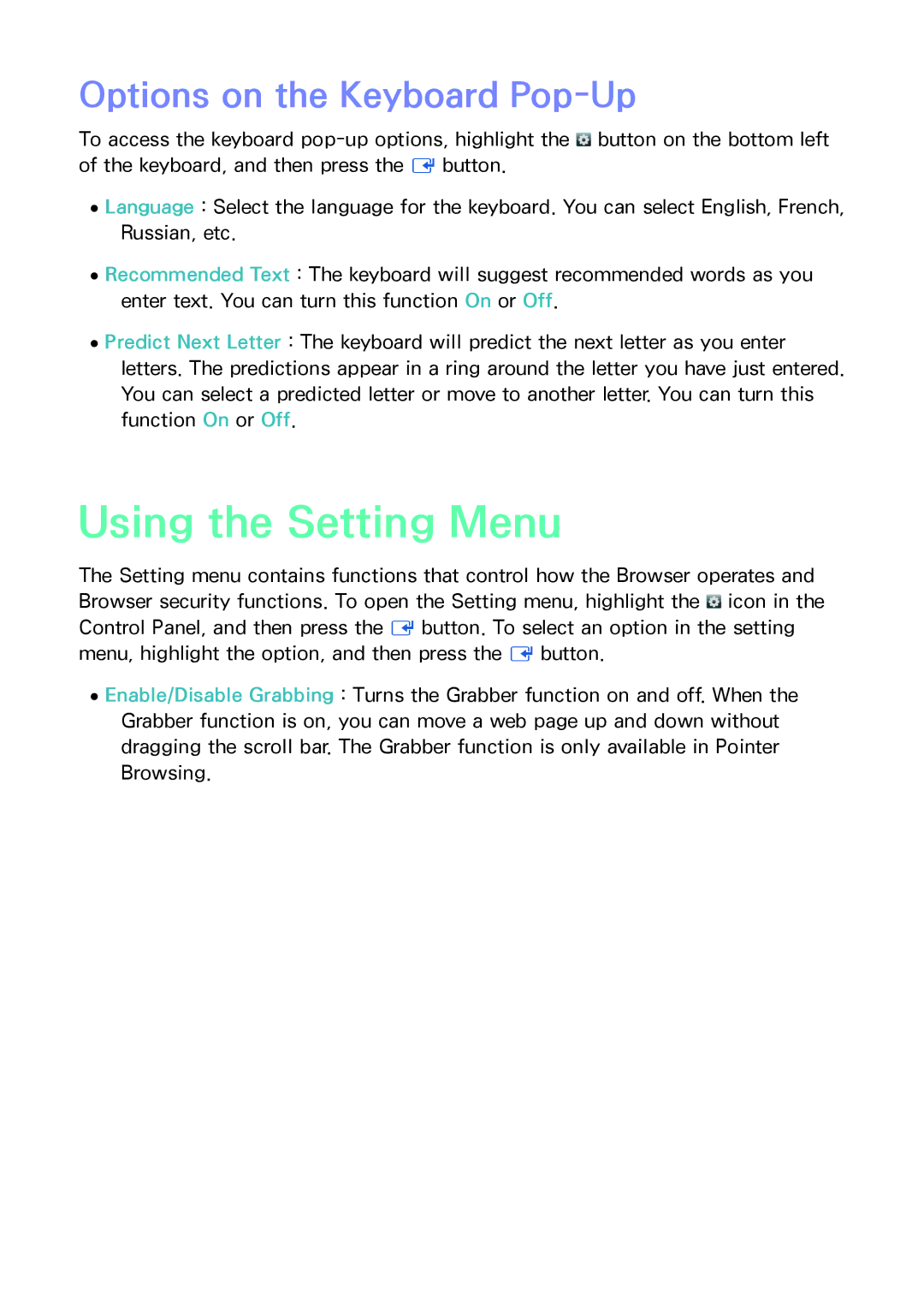 Samsung BD-F8509S/F8909S, BD-F8500N/F8900N, BD-F6900/F6909S manual Using the Setting Menu, Options on the Keyboard Pop-Up 