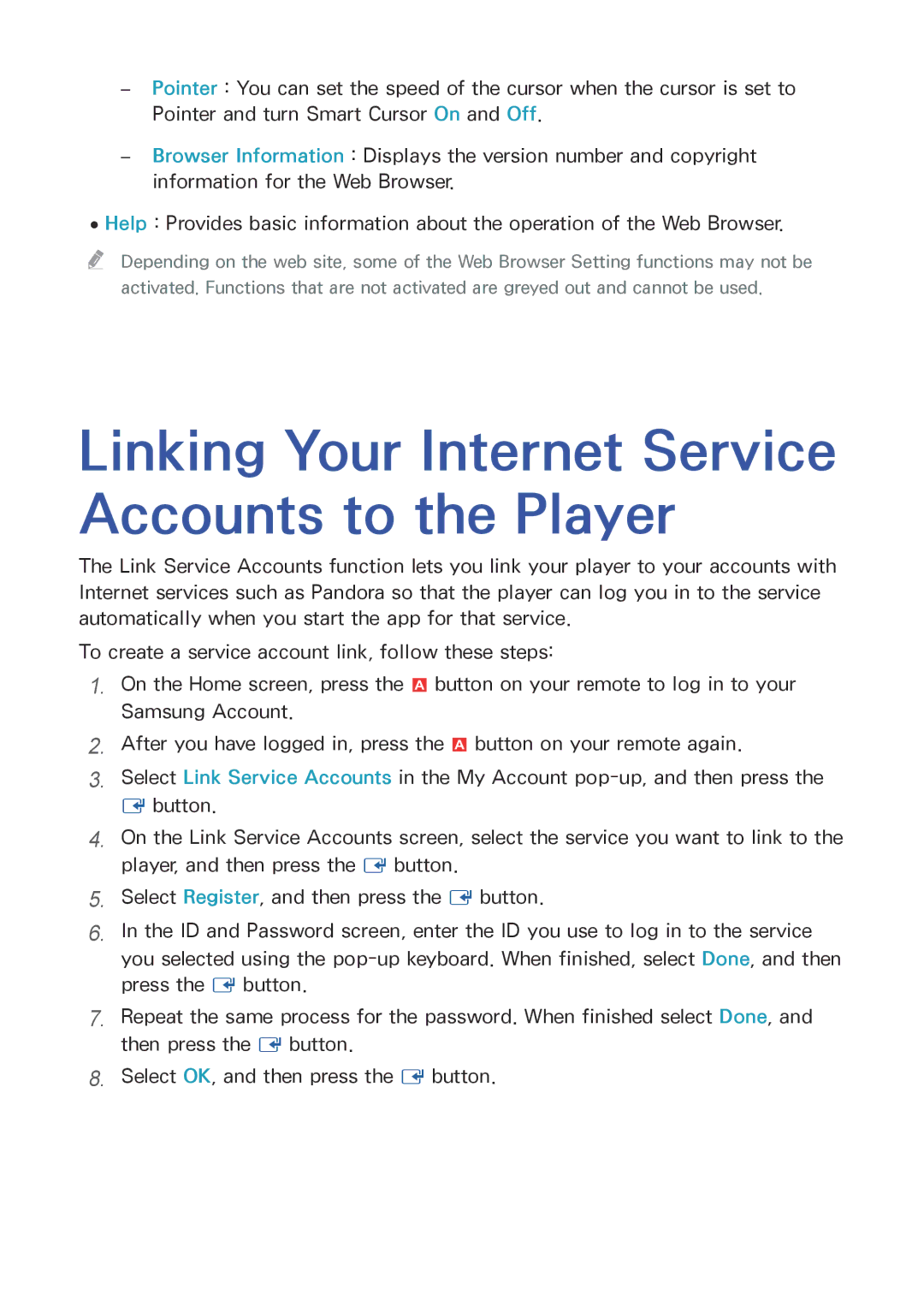 Samsung BD-F6900/F6909S, BD-F8509S/F8909S, BD-F8500N/F8900N manual Linking Your Internet Service Accounts to the Player 