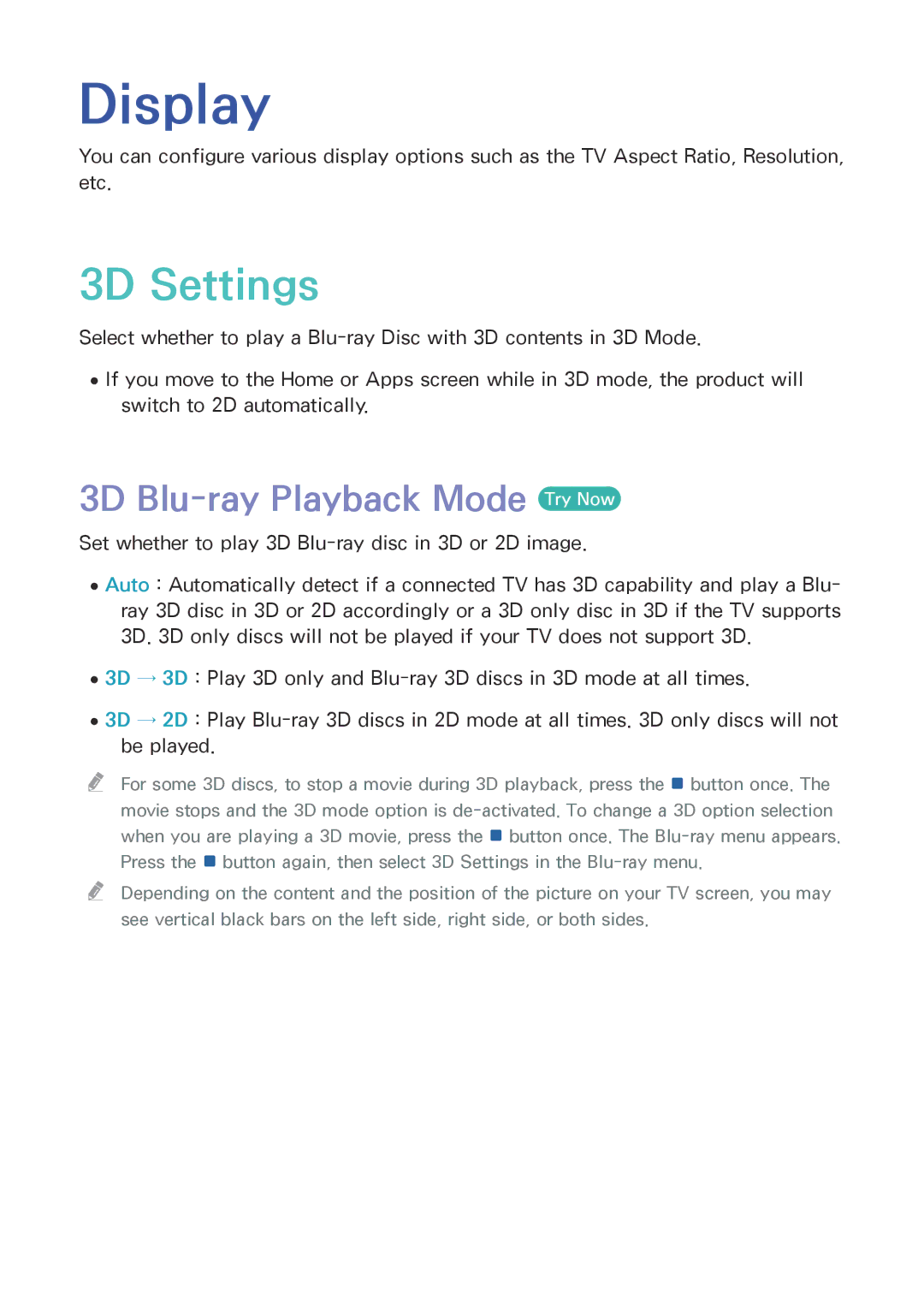 Samsung BD-F8500DA/F8900DA, BD-F8509S/F8909S, BD-F8500N/F8900N manual Display, 3D Settings, 3D Blu-ray Playback Mode Try Now 