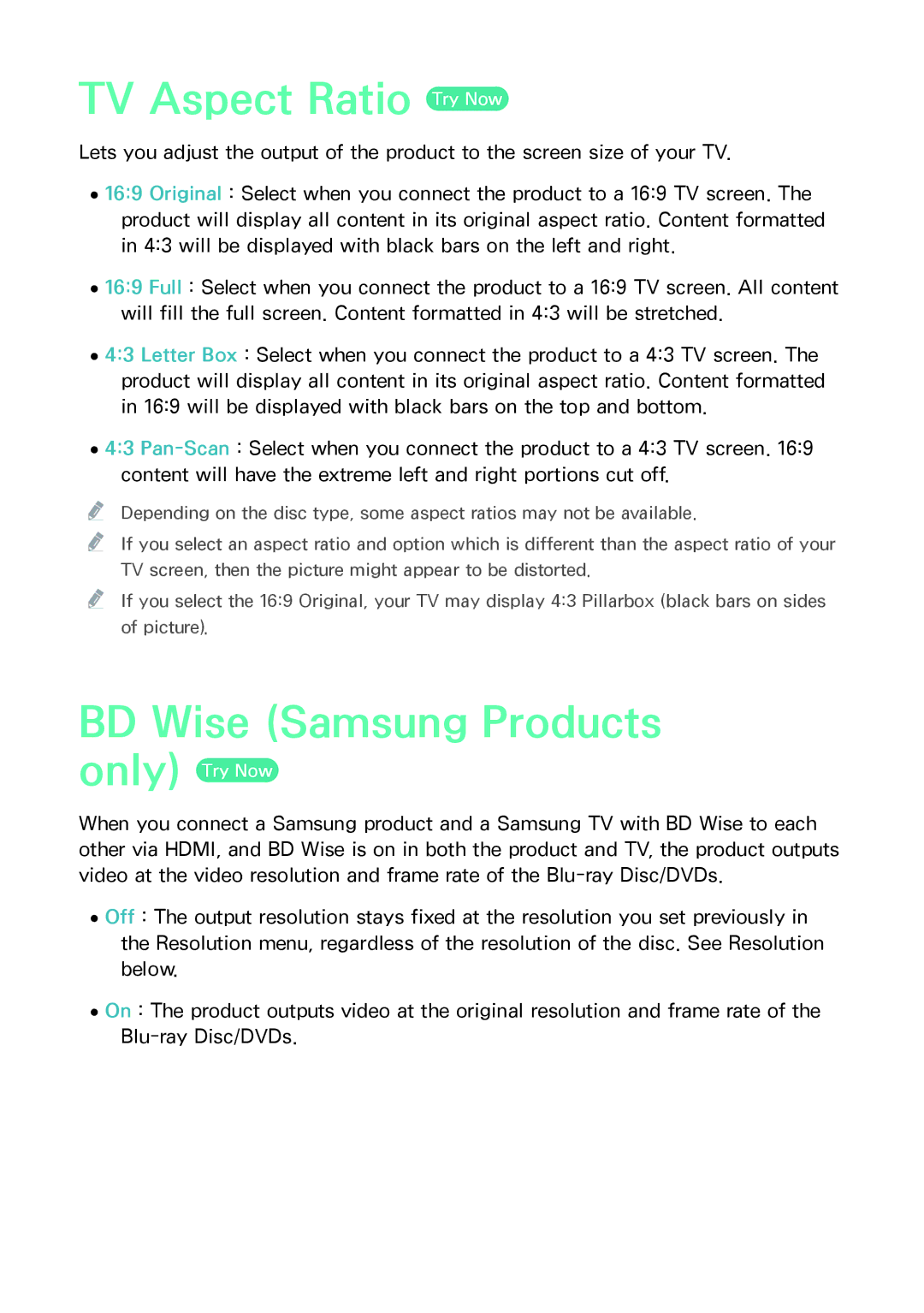 Samsung BD-F8500N/F8900N, BD-F8509S/F8909S, BD-F6900/F6909S manual TV Aspect Ratio Try Now, BD Wise Samsung Products 