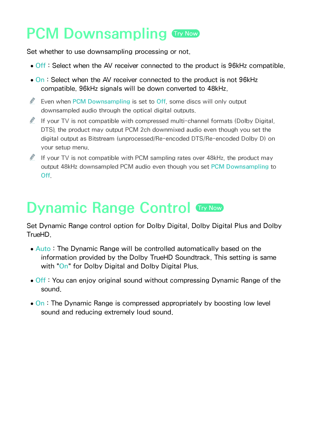 Samsung BD-F8500M/F8900M, BD-F8509S/F8909S, BD-F8500N/F8900N manual PCM Downsampling Try Now, Dynamic Range Control Try Now 