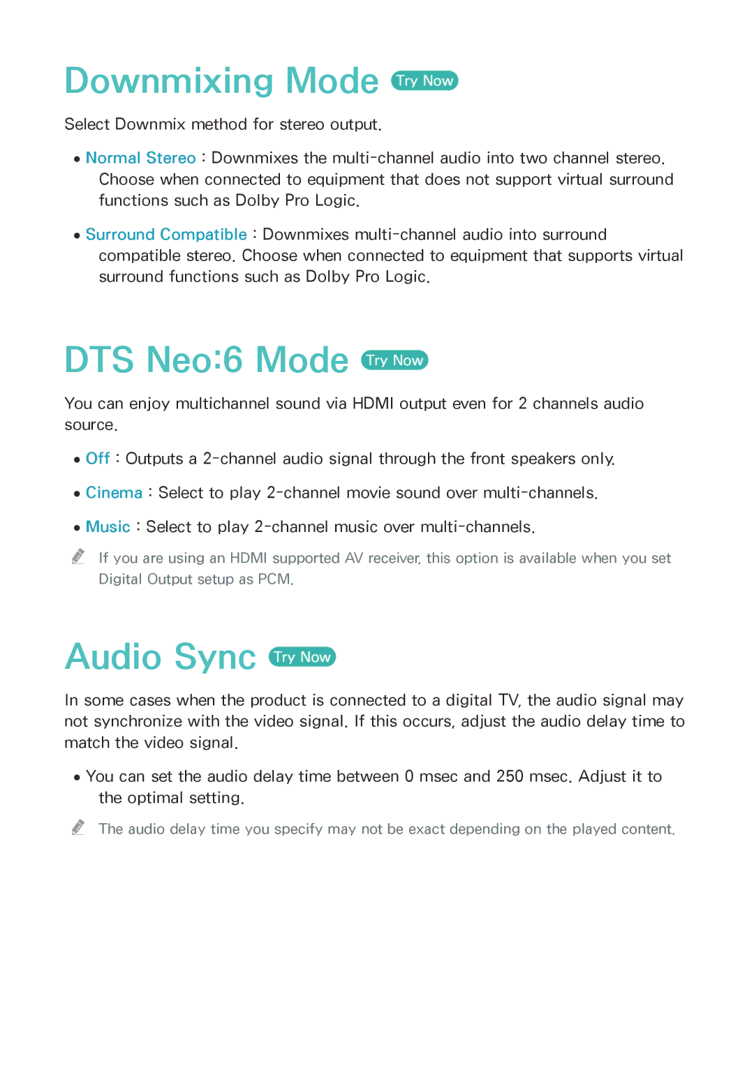 Samsung BD-F8500DA/F8900DA, BD-F8509S/F8909S manual Downmixing Mode Try Now, DTS Neo6 Mode Try Now, Audio Sync Try Now 