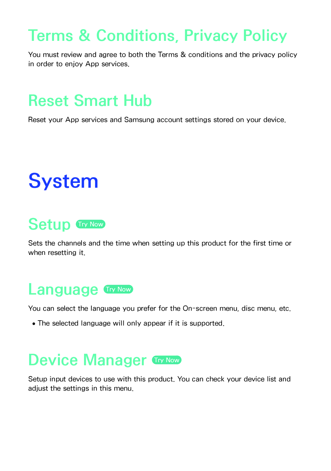 Samsung BD-F8509S/F8909S, BD-F8500N/F8900N System, Terms & Conditions, Privacy Policy, Reset Smart Hub, Language Try Now 