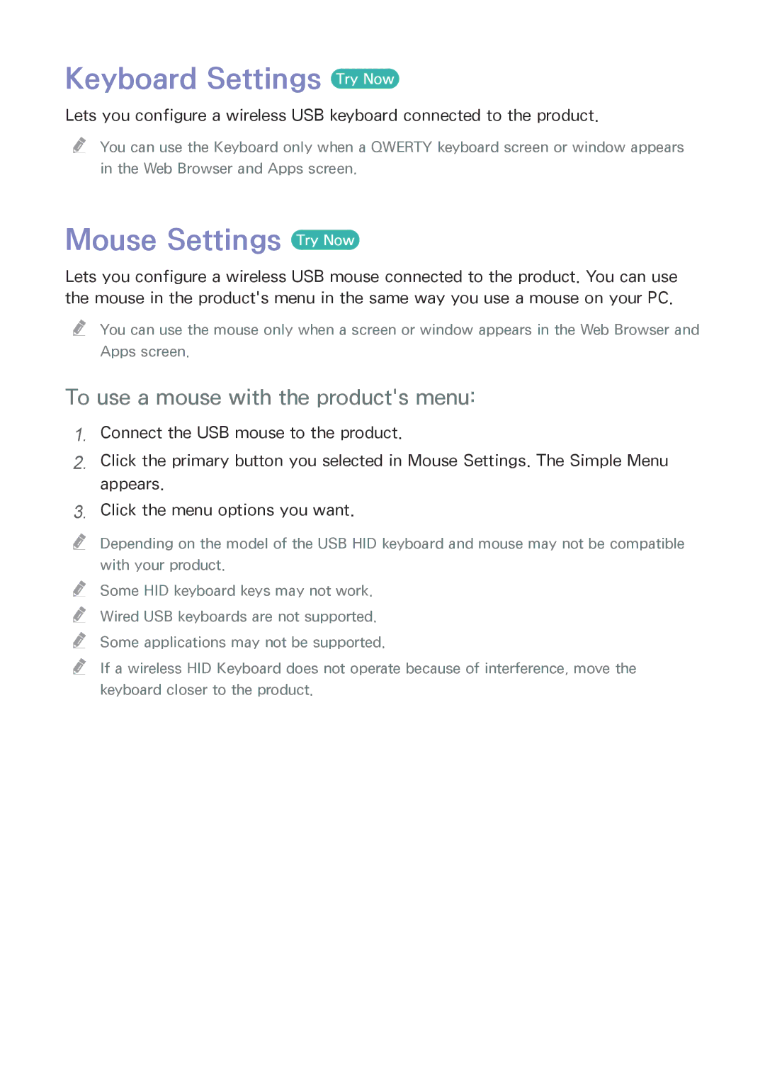 Samsung BD-F8500N/F8900N manual Keyboard Settings Try Now, Mouse Settings Try Now, To use a mouse with the products menu 