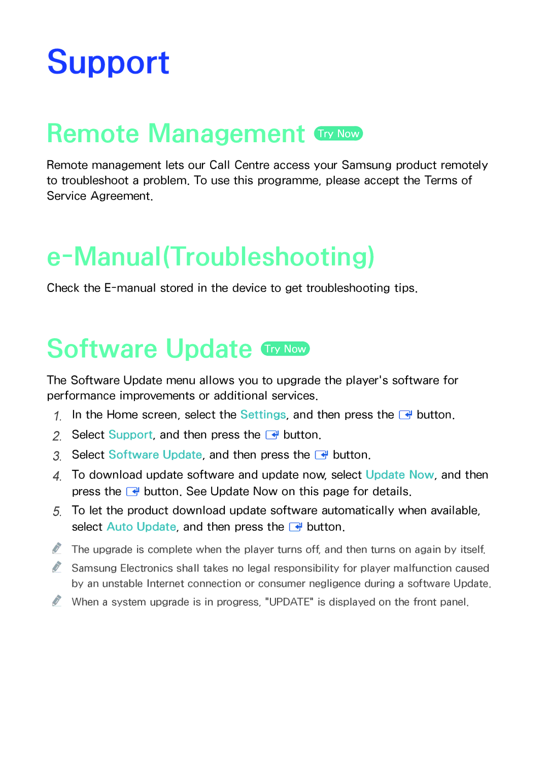 Samsung BD-F8500DA/F8900DA manual Support, Remote Management Try Now, ManualTroubleshooting, Software Update Try Now 