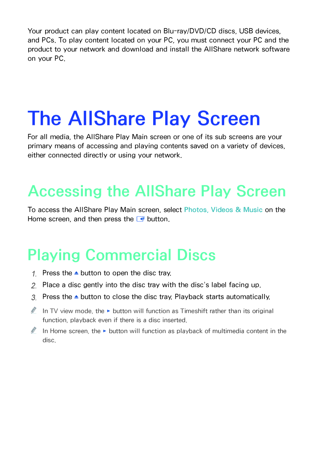 Samsung BD-F8500/F8900, BD-F8509S/F8909S, BD-F8500N/F8900N Accessing the AllShare Play Screen, Playing Commercial Discs 