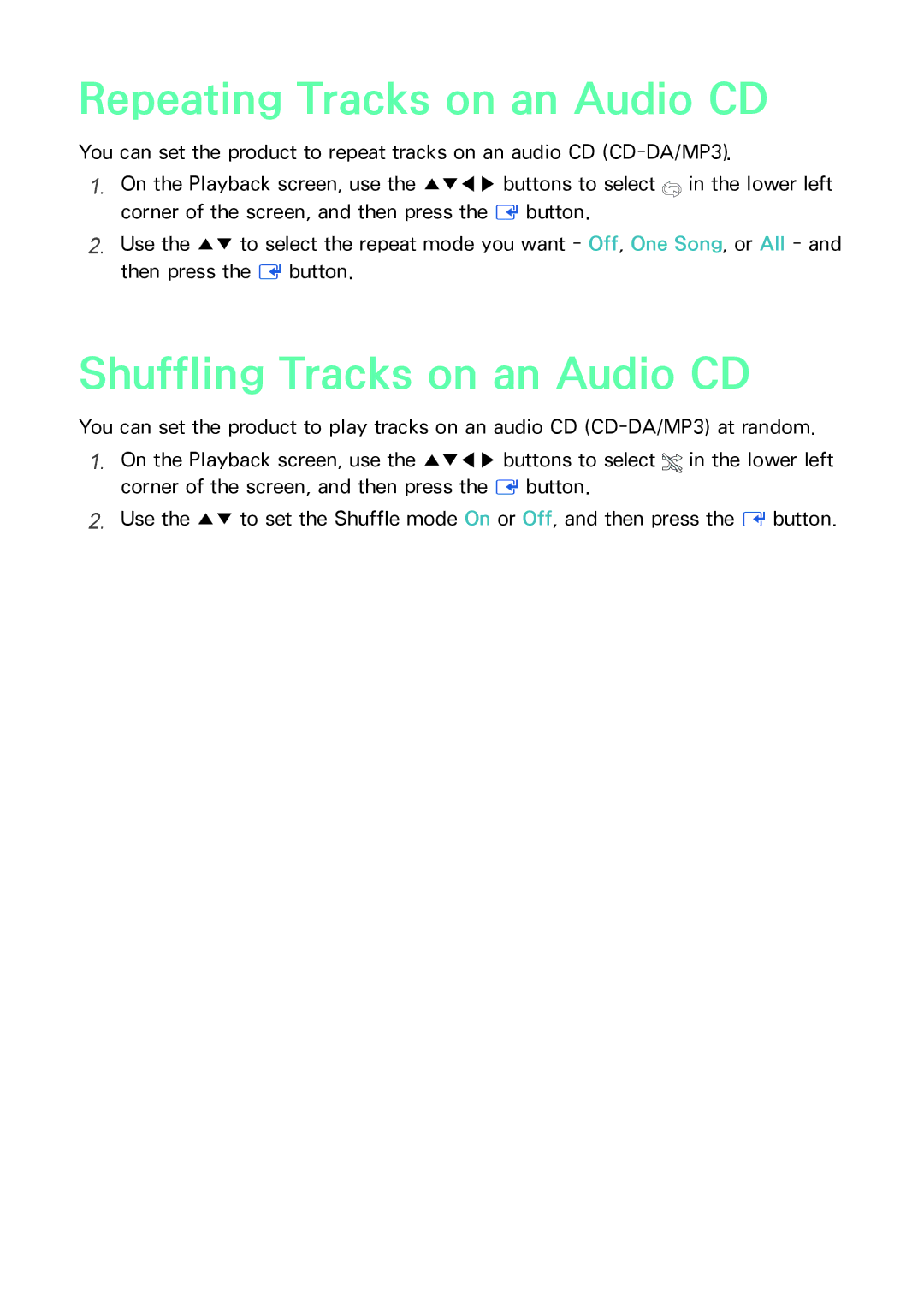 Samsung BD-F6900/F6909S, BD-F8509S/F8909S, BD-F8500/F8900 Repeating Tracks on an Audio CD, Shuffling Tracks on an Audio CD 