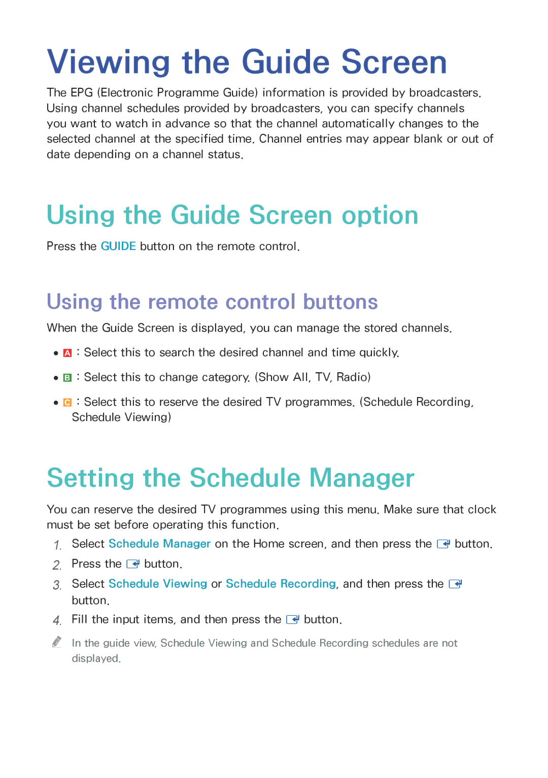 Samsung BD-F8500DA/F8900DA manual Viewing the Guide Screen, Using the Guide Screen option, Setting the Schedule Manager 