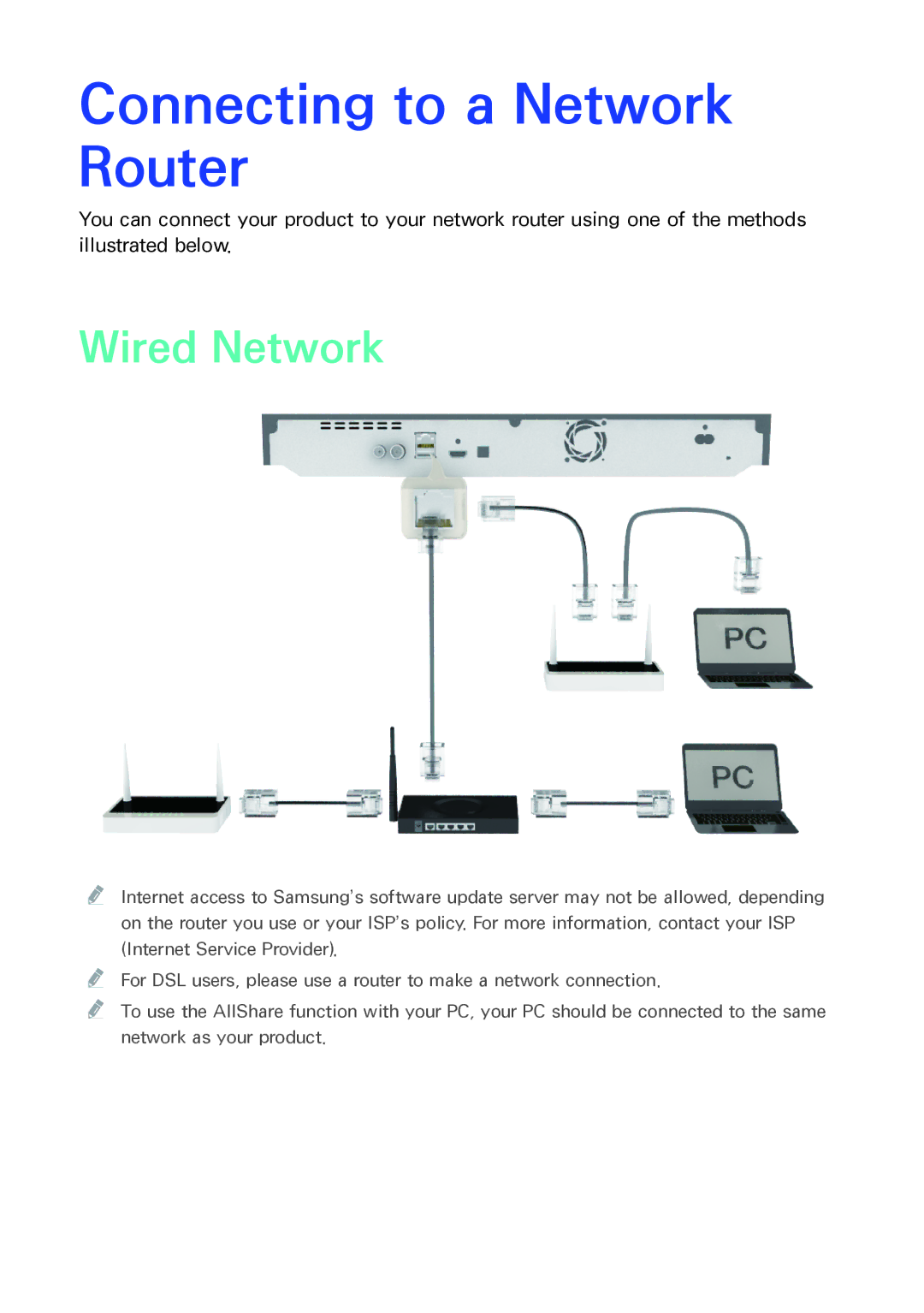 Samsung BD-F8500/F8900, BD-F8509S/F8909S, BD-F8500N/F8900N, BD-F6900/F6909S Connecting to a Network Router, Wired Network 