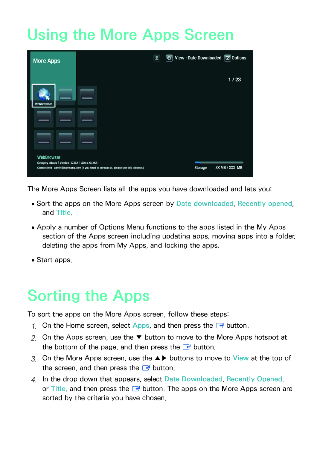 Samsung BD-F8500N/F8900N, BD-F8509S/F8909S, BD-F6900/F6909S, BD-F8500/F8900 Using the More Apps Screen, Sorting the Apps 