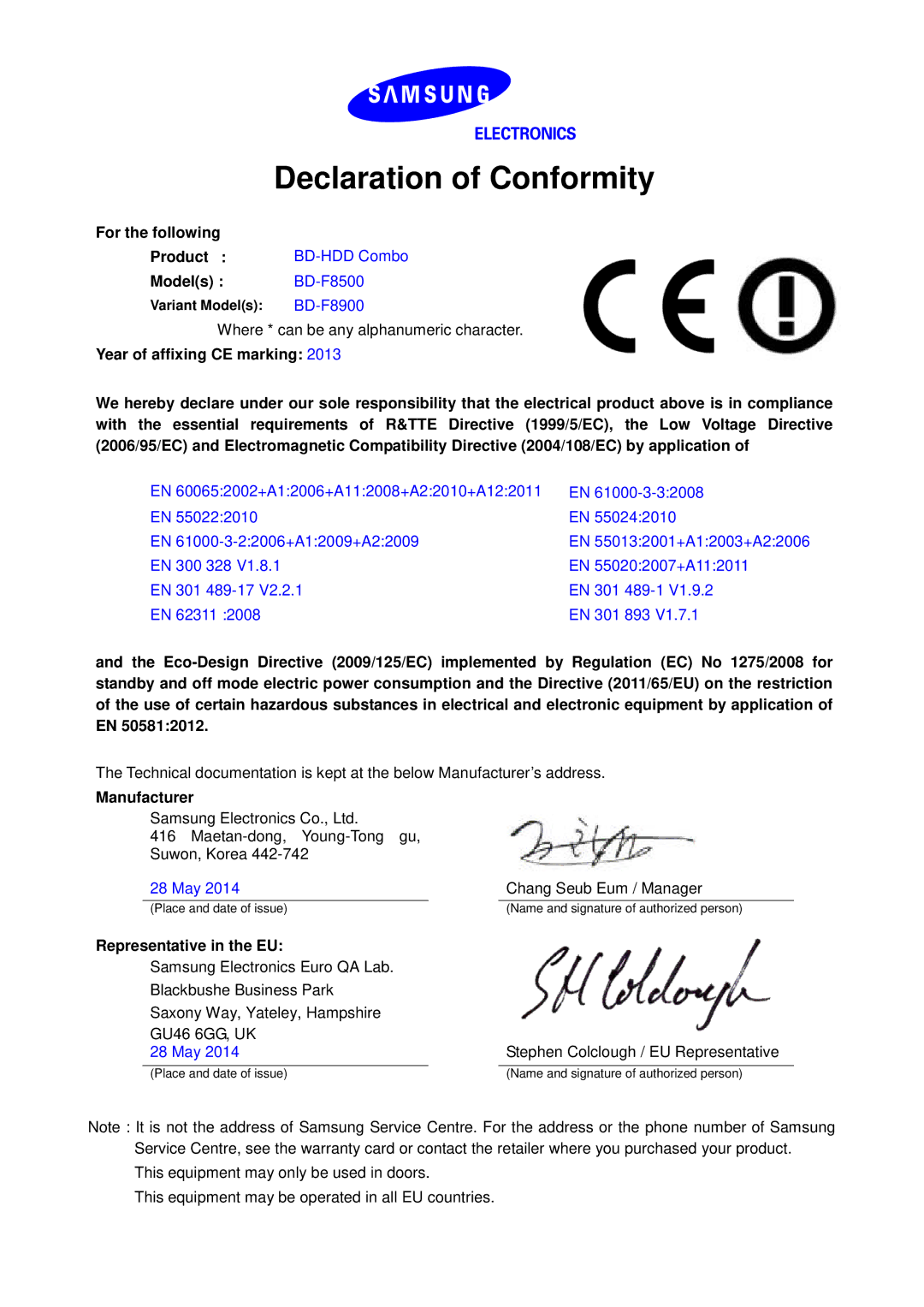 Samsung BD-F6909S/ZG, BD-F8900/EN manual Declaration of Conformity, For the following Product, Models, Manufacturer 