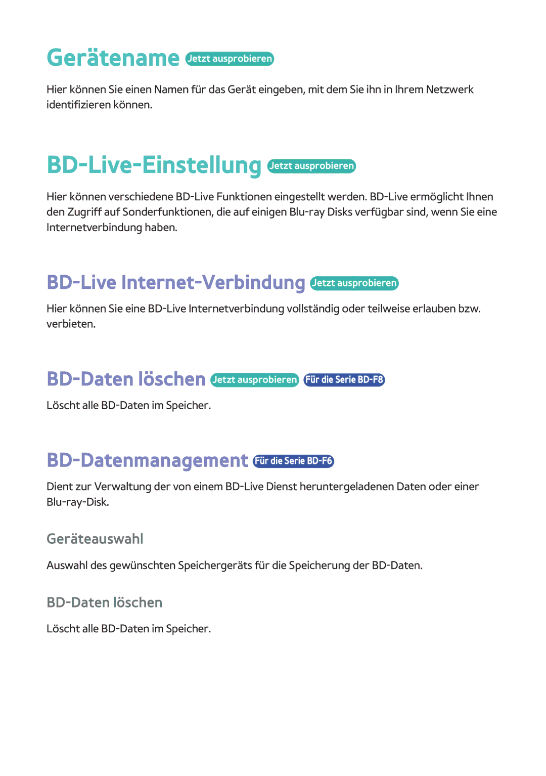 Samsung BD-F8900/EN, BD-F6909S/ZG BD-Live-Einstellung Jetzt ausprobieren, BD-Live Internet-Verbindung Jetzt ausprobieren 