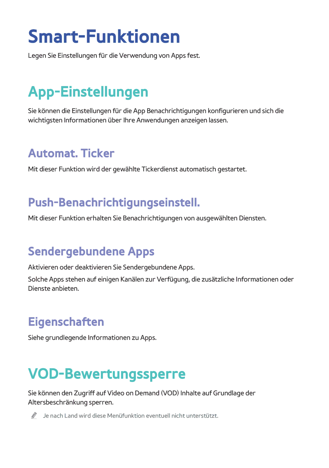 Samsung BD-F6909S/ZG, BD-F8900/EN, BD-F8909S/ZG, BD-F8509S/ZG manual Smart-Funktionen, App-Einstellungen, VOD-Bewertungssperre 