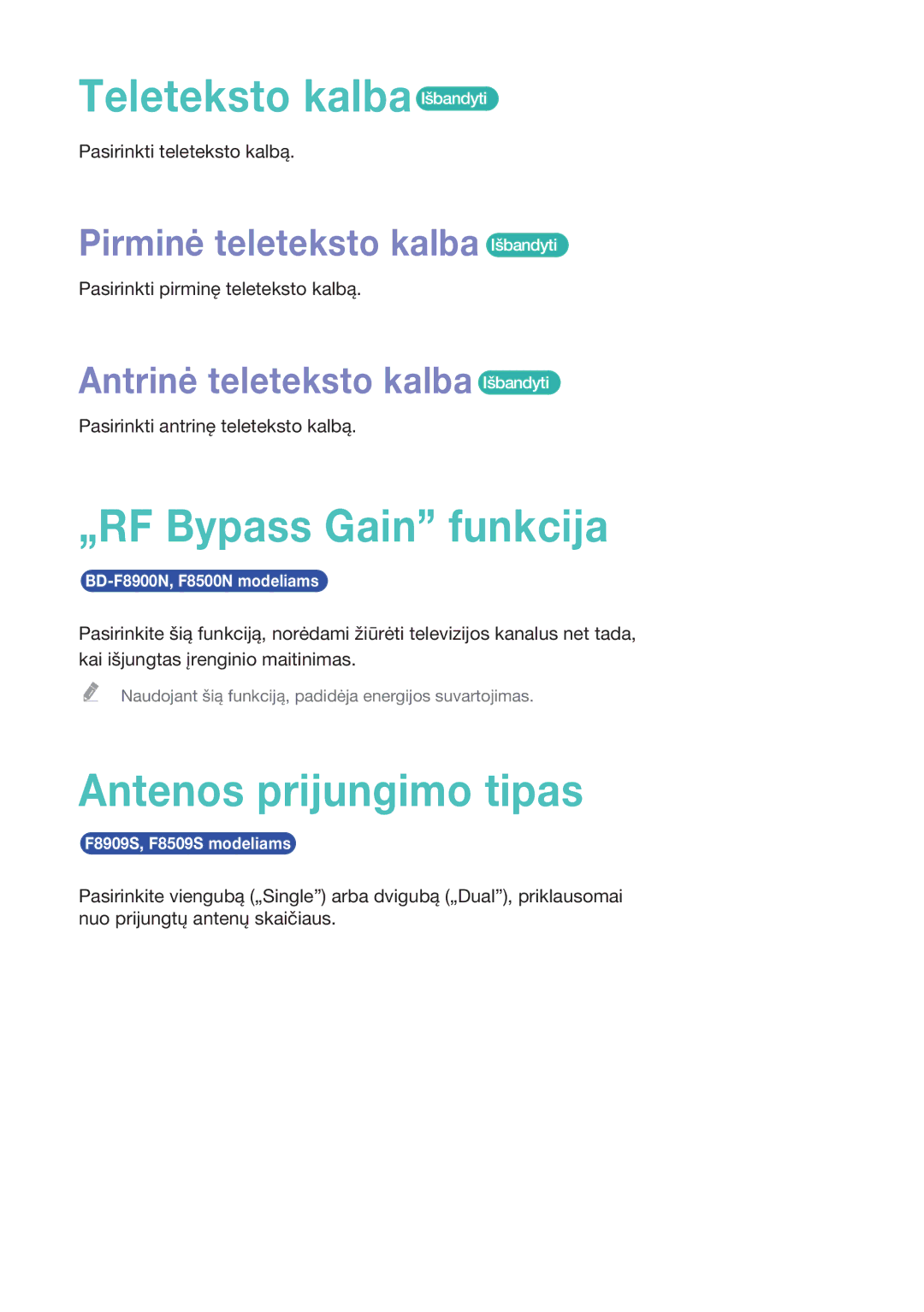 Samsung BD-F8900/EN, BD-F6909S/ZG manual Teleteksto kalba Išbandyti, „RF Bypass Gain funkcija, Antenos prijungimo tipas 