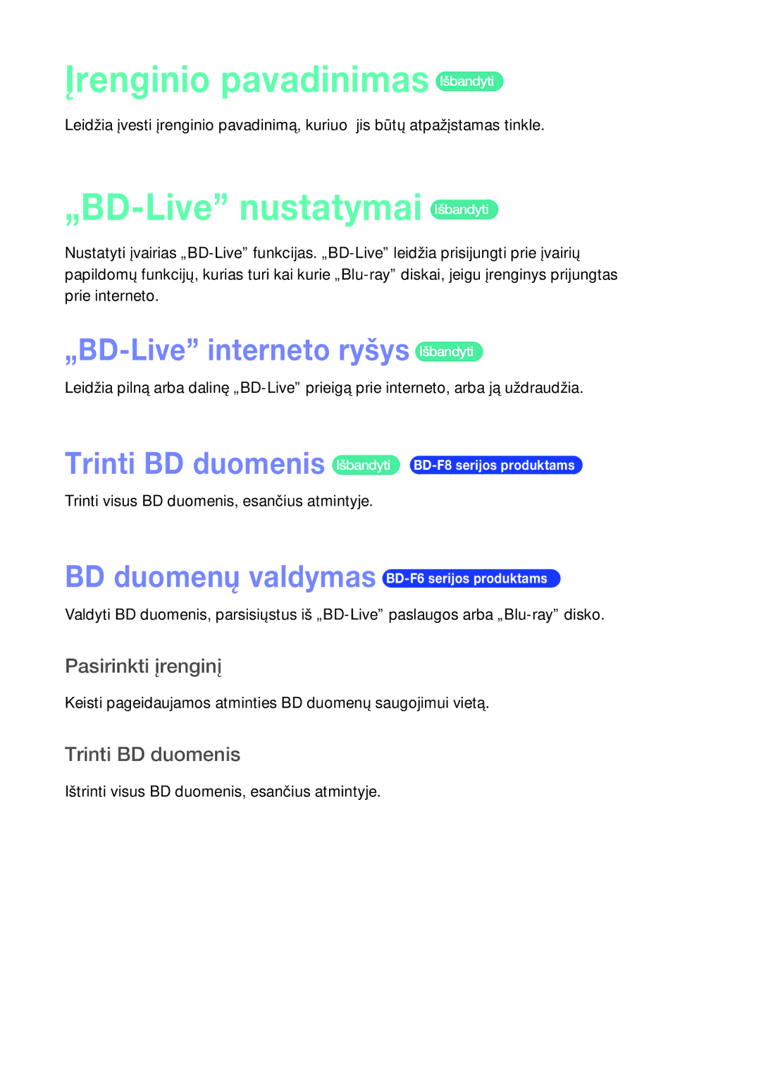 Samsung BD-F8900/EN Įrenginio pavadinimas Išbandyti, „BD-Live nustatymai Išbandyti, „BD-Live interneto ryšys Išbandyti 