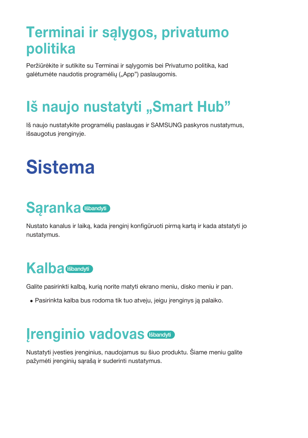 Samsung BD-F8900/EN, BD-F6909S/ZG manual Sistema, Terminai ir sąlygos, privatumo politika, Iš naujo nustatyti „Smart Hub 