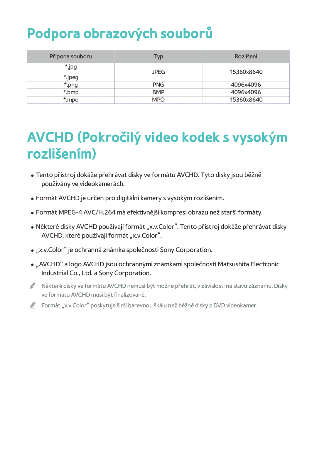 Samsung BD-F6900/EN, BD-F8900/EN, BD-F8500/EN Podpora obrazových souborů, Avchd Pokročilý video kodek s vysokým rozlišením 