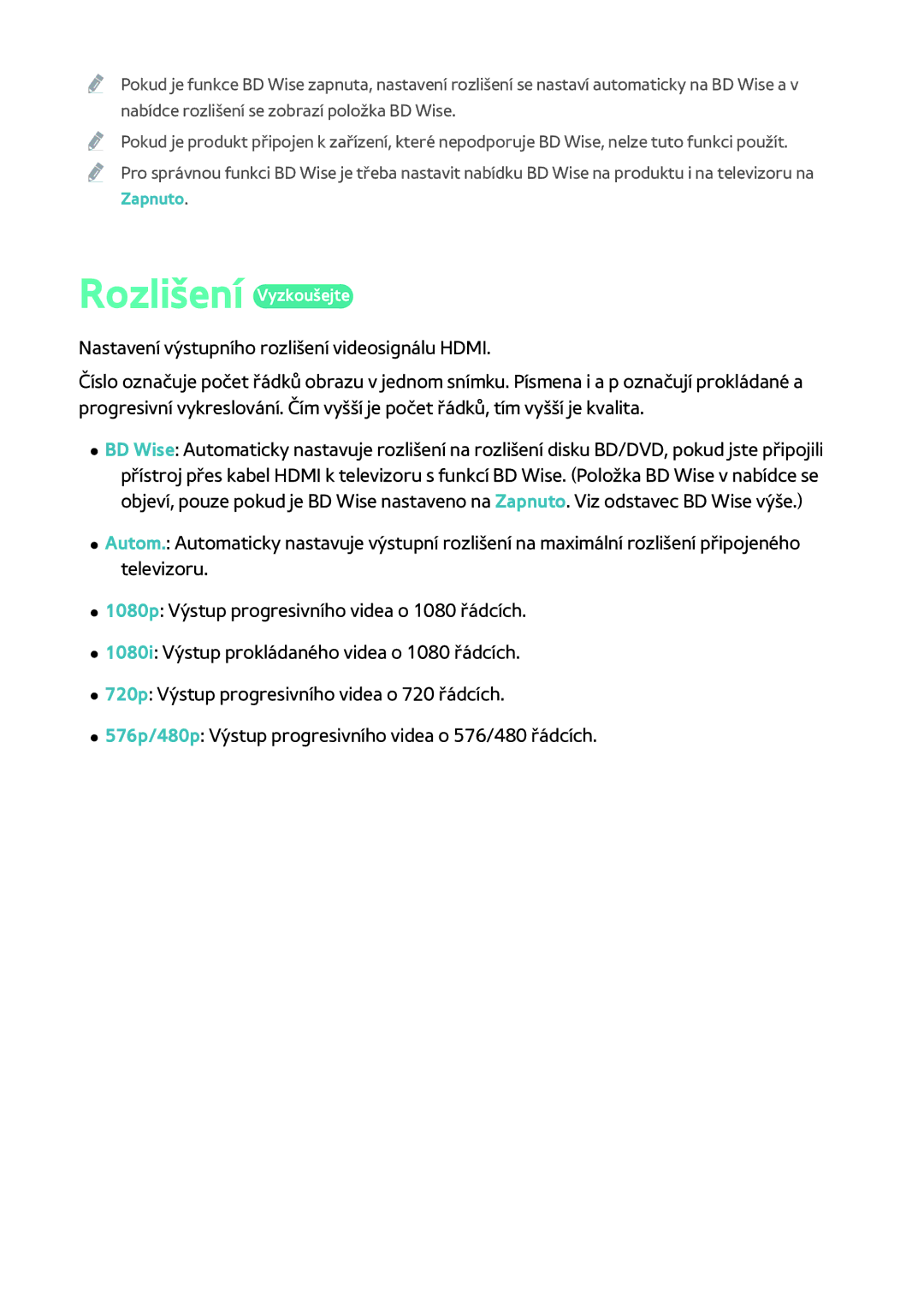 Samsung BD-F6900/EN, BD-F8900/EN, BD-F8500/EN manual Rozlišení Vyzkoušejte 