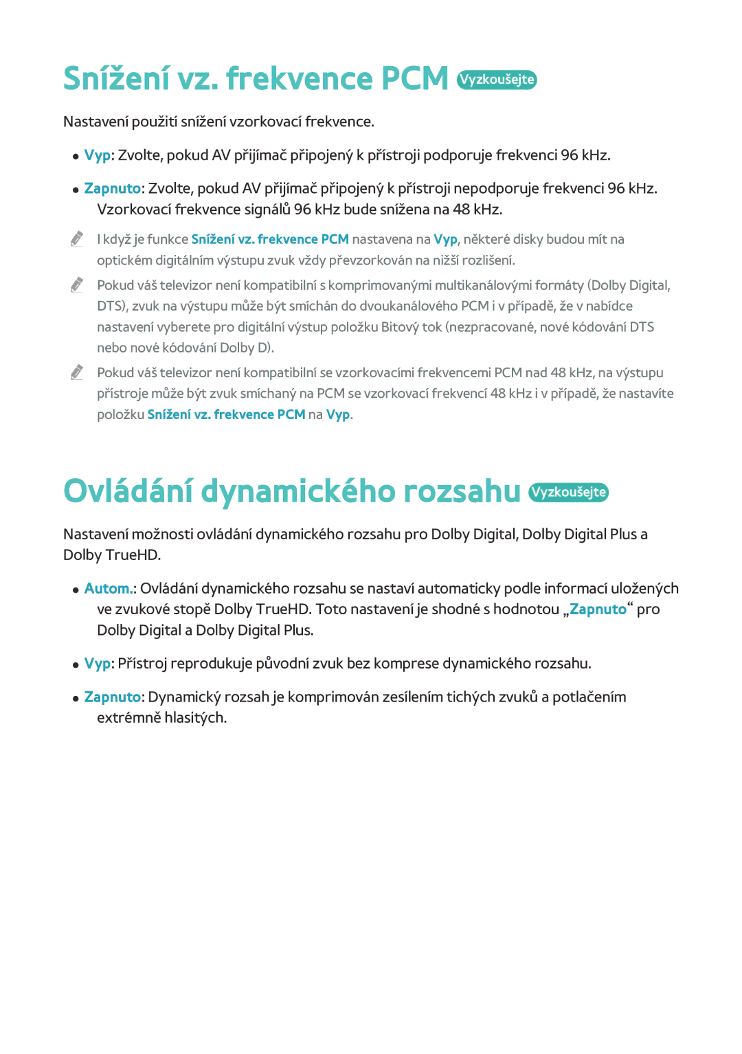 Samsung BD-F8500/EN, BD-F8900/EN manual Snížení vz. frekvence PCM Vyzkoušejte, Ovládání dynamického rozsahu Vyzkoušejte 