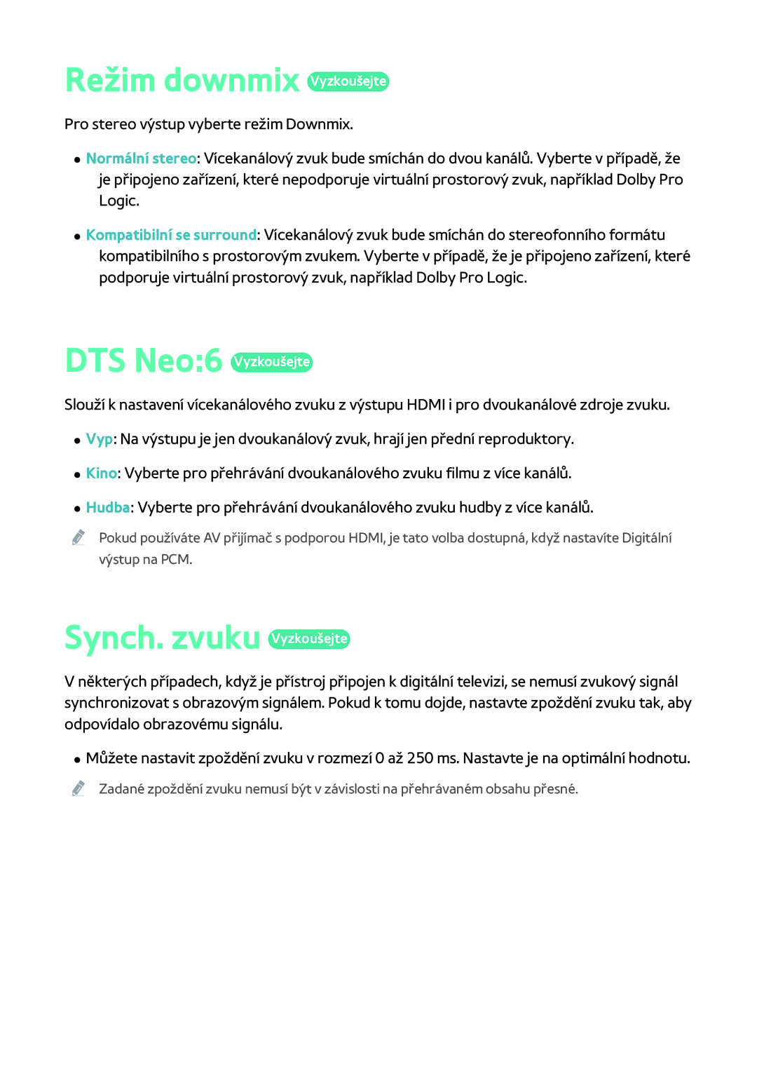 Samsung BD-F6900/EN, BD-F8900/EN, BD-F8500/EN manual Režim downmix Vyzkoušejte, Synch. zvuku Vyzkoušejte 