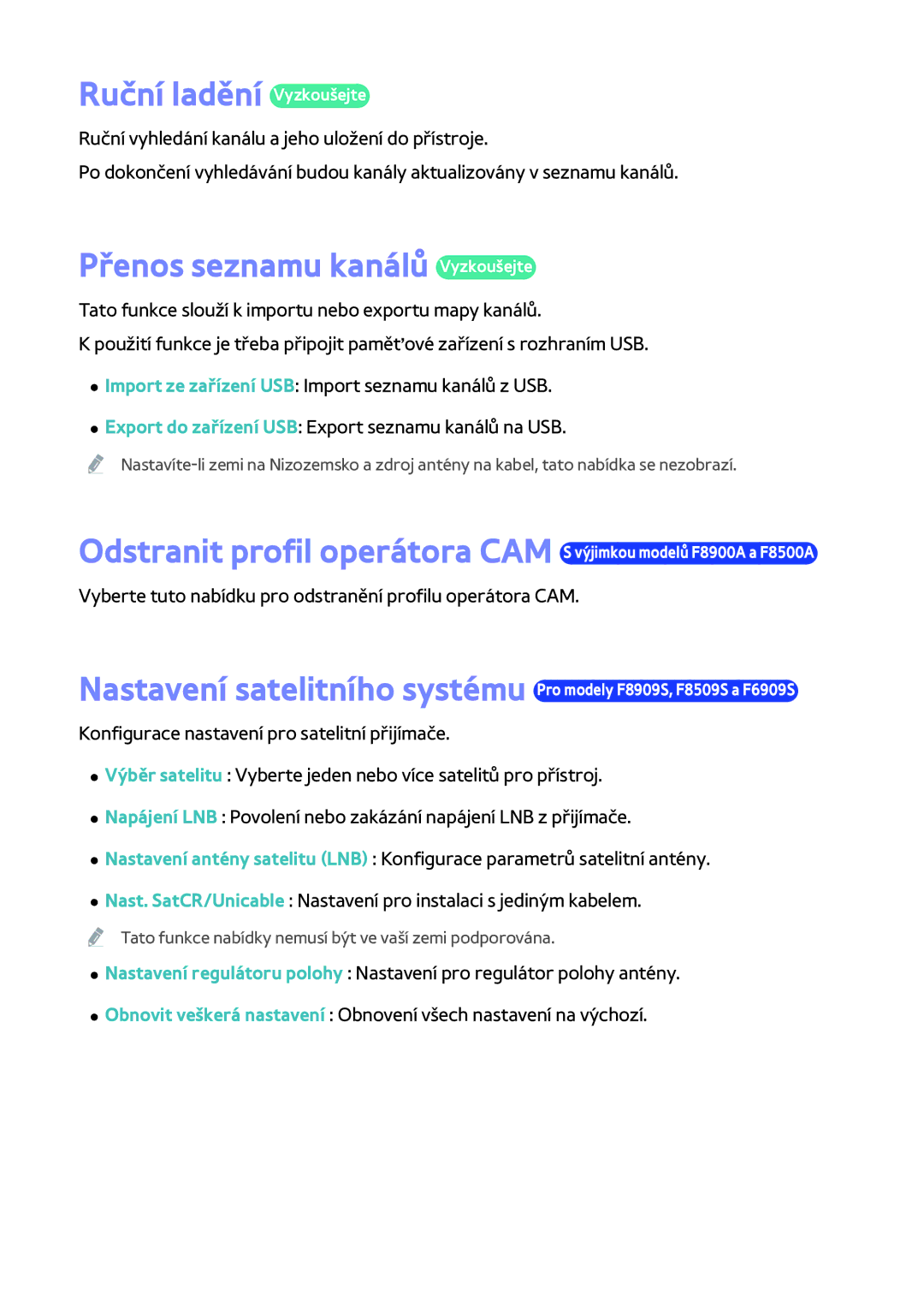 Samsung BD-F8900/EN, BD-F8500/EN, BD-F6900/EN manual Ruční ladění Vyzkoušejte, Přenos seznamu kanálů Vyzkoušejte 