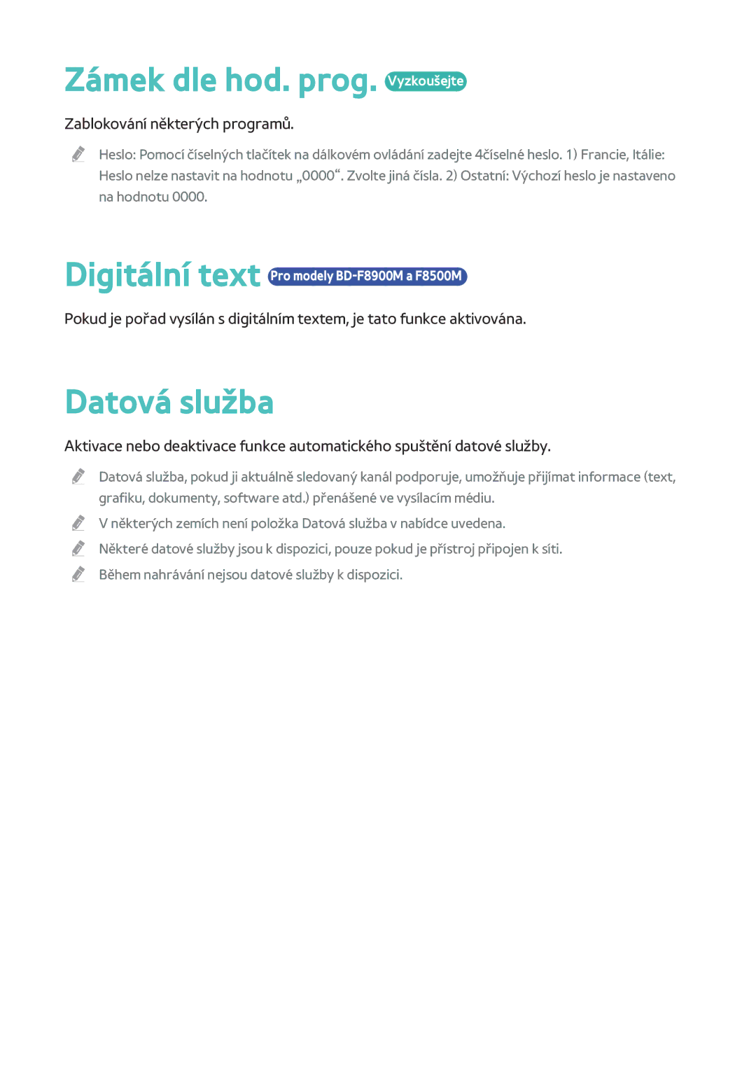 Samsung BD-F6900/EN, BD-F8900/EN, BD-F8500/EN manual Zámek dle hod. prog. Vyzkoušejte, Datová služba 