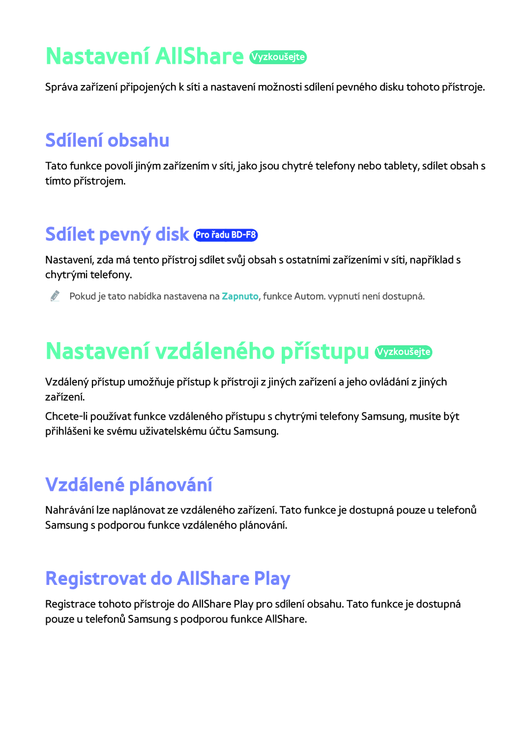 Samsung BD-F8900/EN, BD-F8500/EN, BD-F6900/EN Nastavení AllShare Vyzkoušejte, Nastavení vzdáleného přístupu Vyzkoušejte 