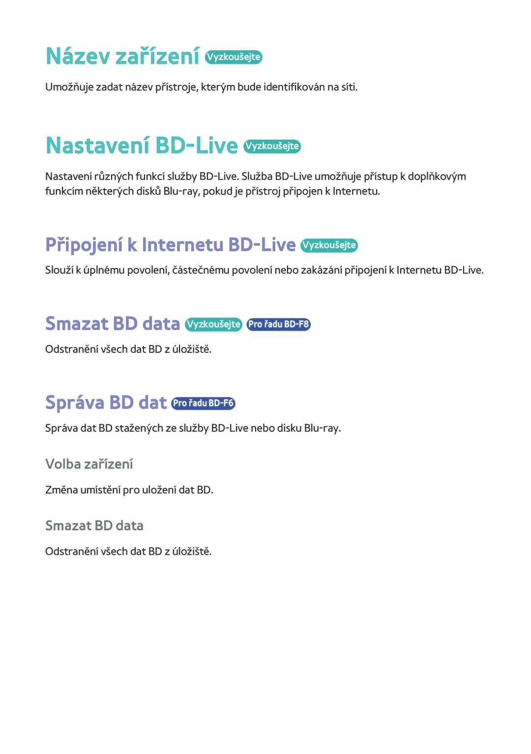 Samsung BD-F8500/EN Název zařízení Vyzkoušejte, Nastavení BD-Live Vyzkoušejte, Připojení k Internetu BD-Live Vyzkoušejte 