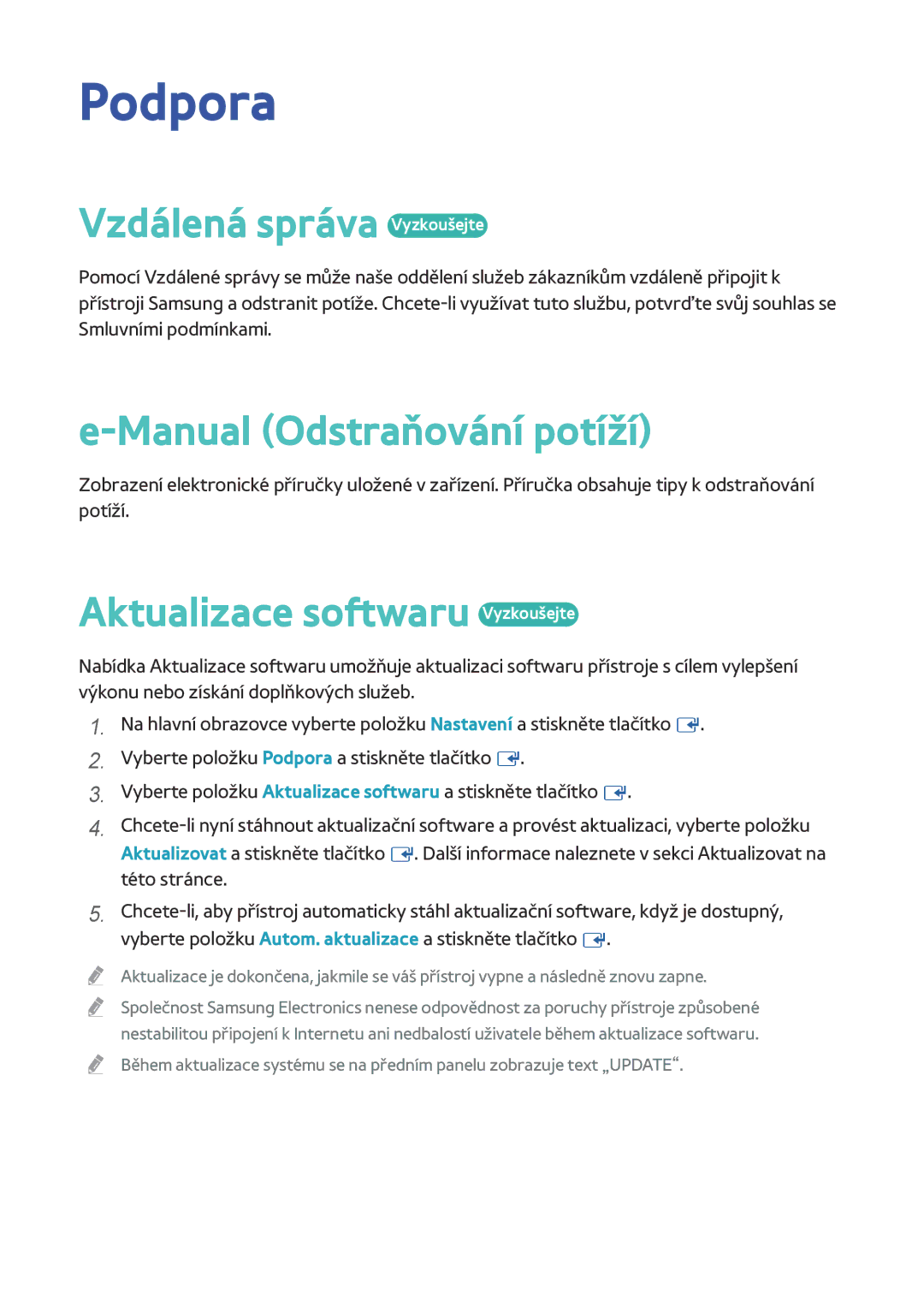 Samsung BD-F6900/EN, BD-F8900/EN, BD-F8500/EN manual Podpora, Vzdálená správa Vyzkoušejte, Manual Odstraňování potíží 