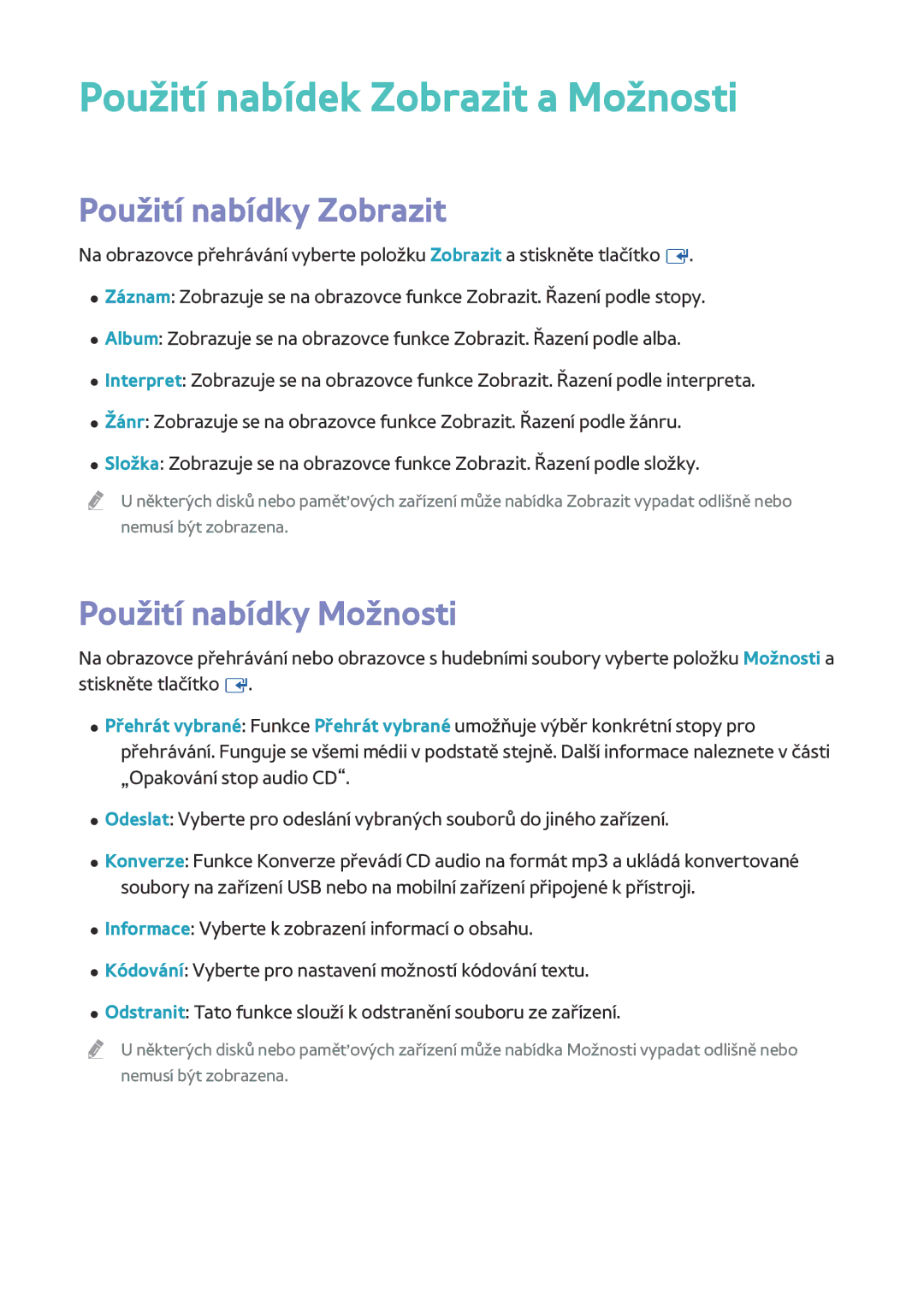 Samsung BD-F8500/EN, BD-F8900/EN, BD-F6900/EN manual Použití nabídek Zobrazit a Možnosti 