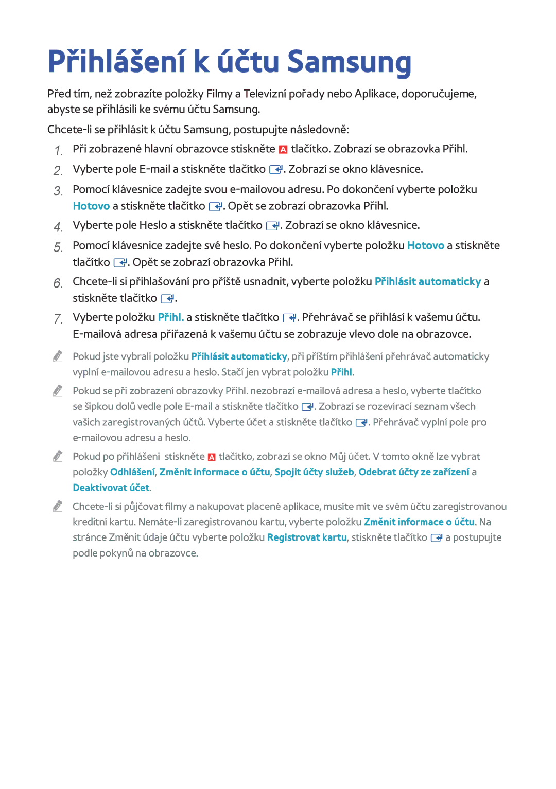 Samsung BD-F8500/EN, BD-F8900/EN, BD-F6900/EN manual Přihlášení k účtu Samsung 