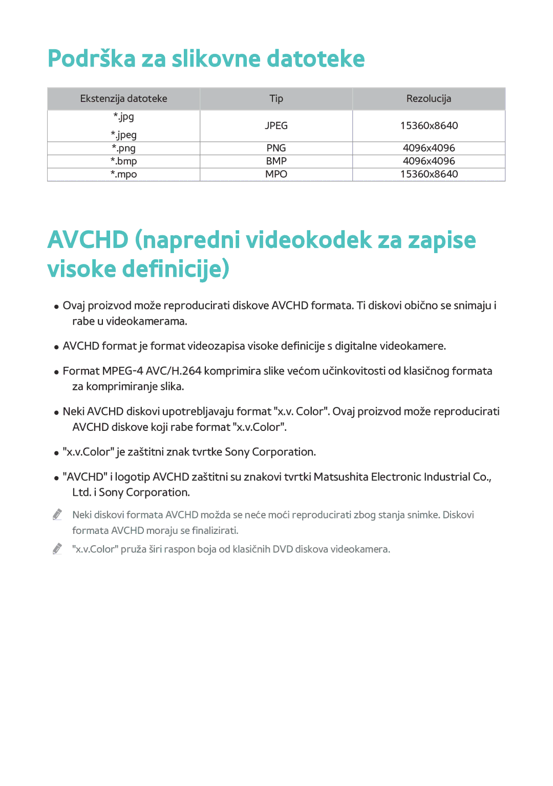 Samsung BD-F8500/EN, BD-F8900/EN manual Podrška za slikovne datoteke, Avchd napredni videokodek za zapise visoke definicije 