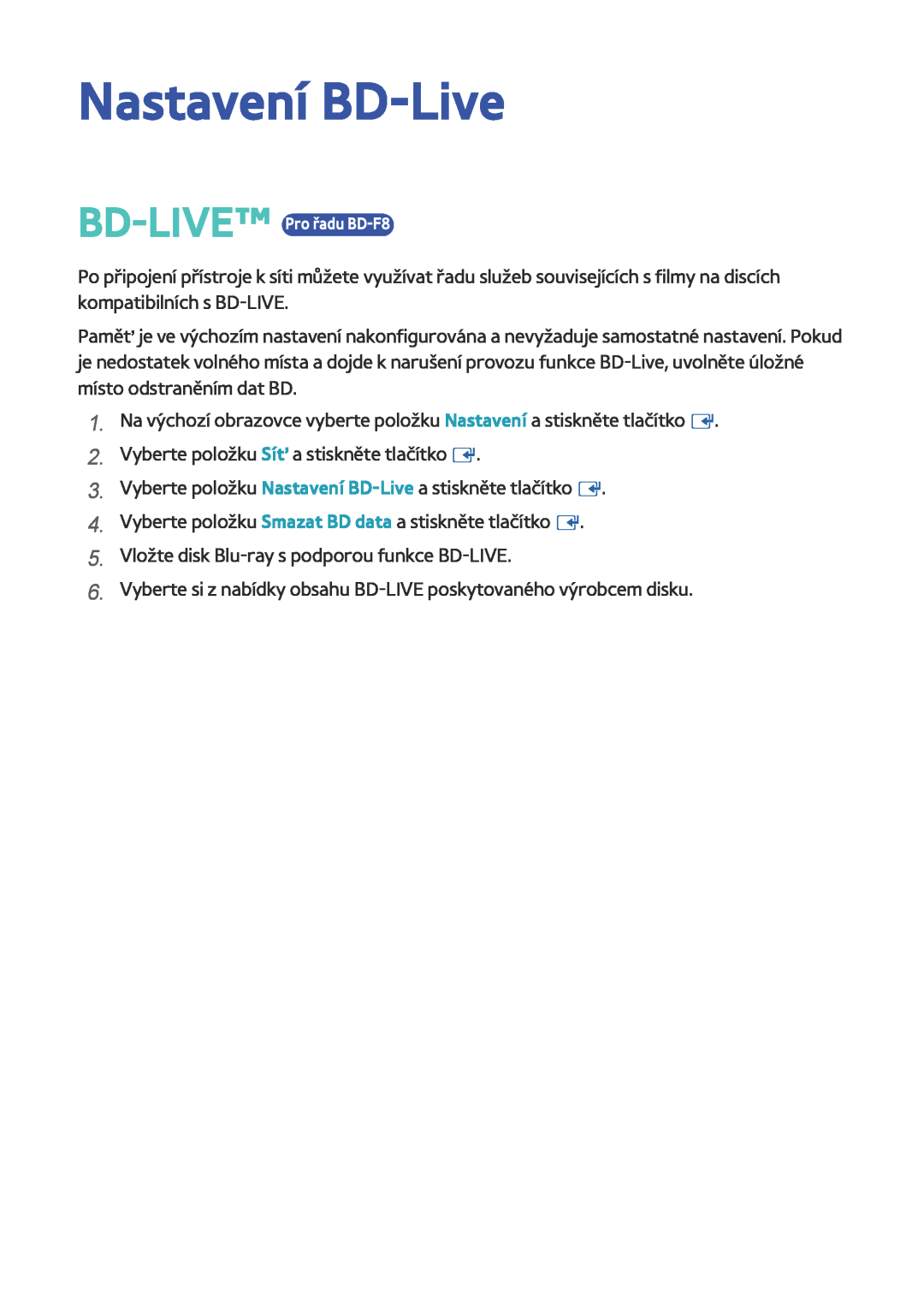 Samsung BD-F8900/EN, BD-F8500/EN, BD-F6900/EN manual Nastavení BD-Live, BD-LIVE Pro řadu BD-F8 