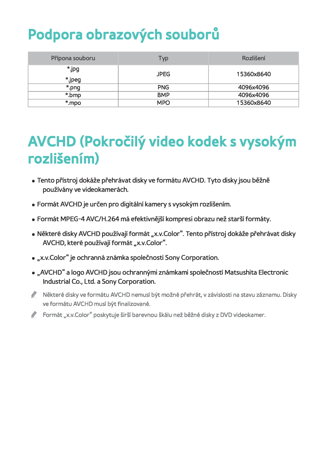 Samsung BD-F6900/EN, BD-F8900/EN, BD-F8500/EN Podpora obrazových souborů, AVCHD Pokročilý video kodek s vysokým rozlišením 