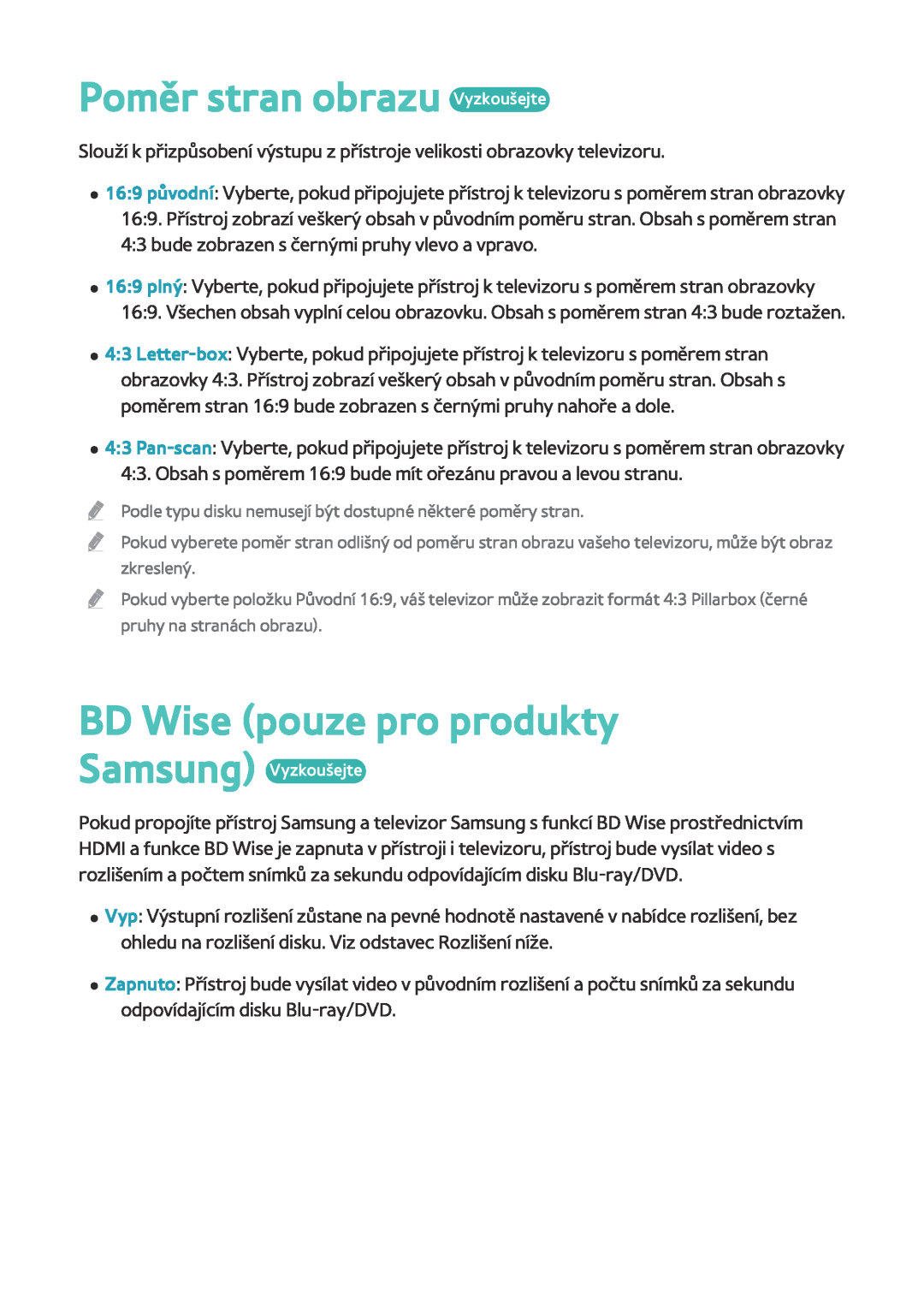 Samsung BD-F8500/EN, BD-F8900/EN manual Poměr stran obrazu Vyzkoušejte, BD Wise pouze pro produkty, Samsung Vyzkoušejte 