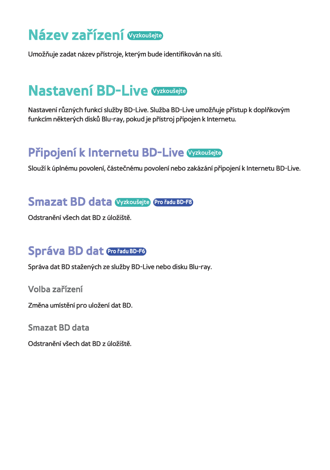Samsung BD-F8500/EN Název zařízení Vyzkoušejte, Nastavení BD-Live Vyzkoušejte, Připojení k Internetu BD-Live Vyzkoušejte 