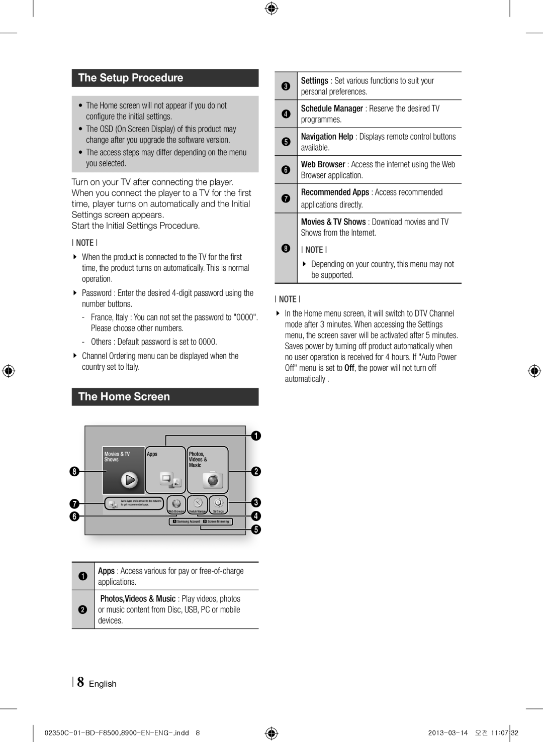 Samsung BD-F8900/EN, BD-F8500/EN, BD-F8500/ZF, BD-F8900/ZF manual Setup Procedure, Home Screen 