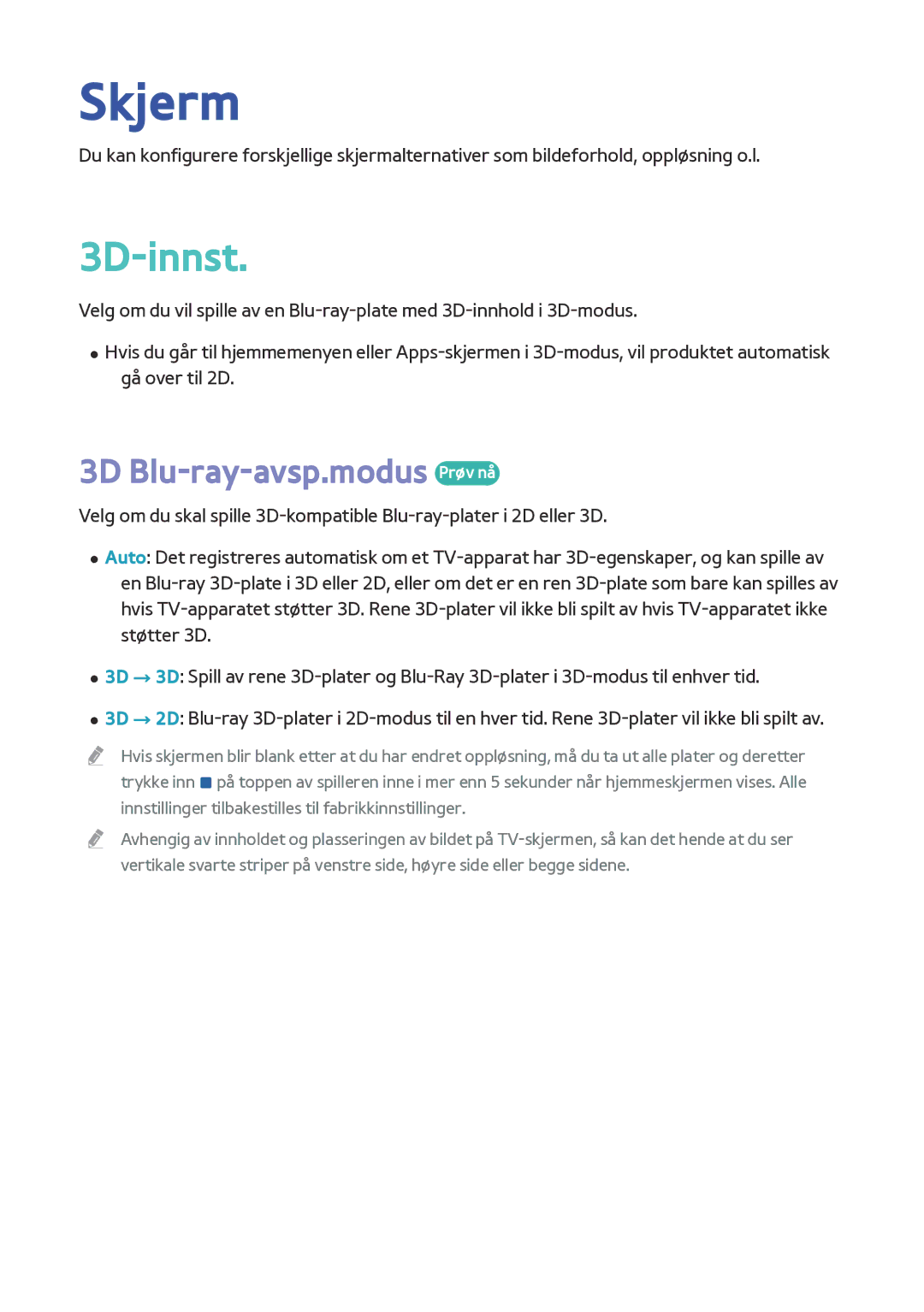 Samsung BD-F8500N/XE, BD-F8900N/XE manual Skjerm, 3D-innst, 3D Blu-ray-avsp.modus Prøv nå 