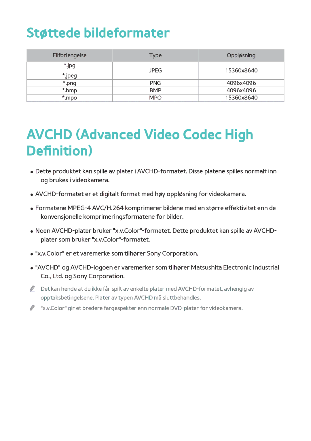 Samsung BD-F8900N/XE, BD-F8500N/XE manual Støttede bildeformater, Avchd Advanced Video Codec High Definition 