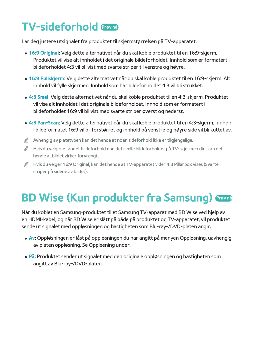 Samsung BD-F8500N/XE, BD-F8900N/XE manual TV-sideforhold Prøv nå, BD Wise Kun produkter fra Samsung Prøv nå 