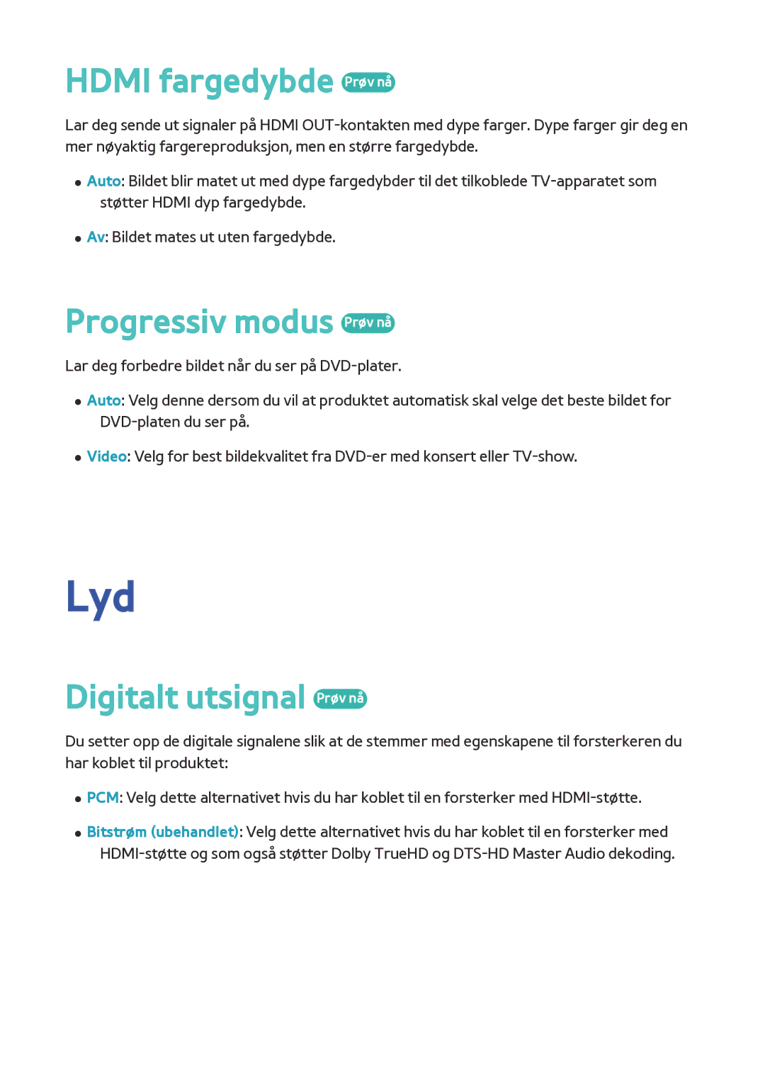 Samsung BD-F8900N/XE, BD-F8500N/XE manual Lyd, Hdmi fargedybde Prøv nå, Progressiv modus Prøv nå, Digitalt utsignal Prøv nå 