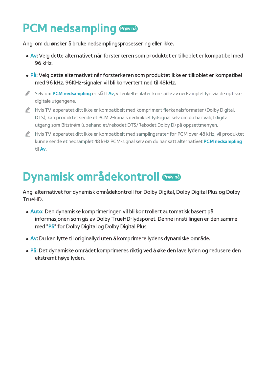 Samsung BD-F8900N/XE, BD-F8500N/XE manual PCM nedsampling Prøv nå, Dynamisk områdekontroll Prøv nå 