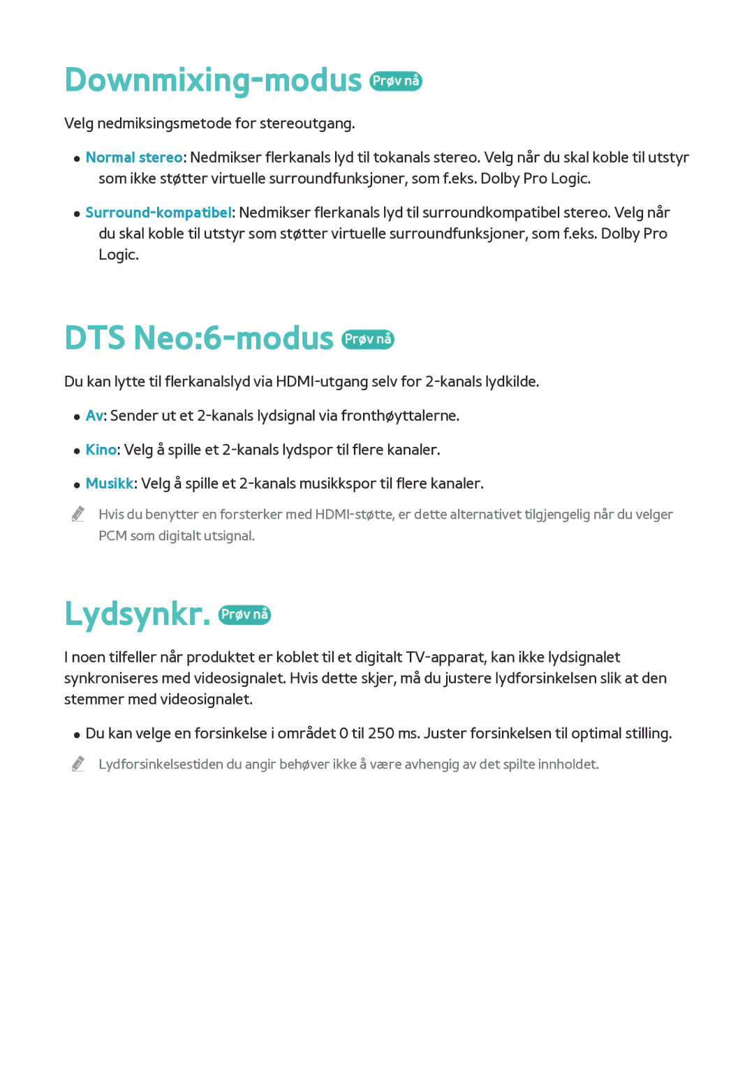 Samsung BD-F8500N/XE, BD-F8900N/XE manual Downmixing-modus Prøv nå, DTS Neo6-modus Prøv nå, Lydsynkr. Prøv nå 