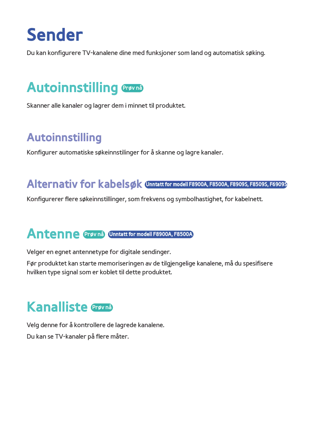 Samsung BD-F8500N/XE, BD-F8900N/XE manual Sender, Autoinnstilling Prøv nå, Kanalliste Prøv nå 
