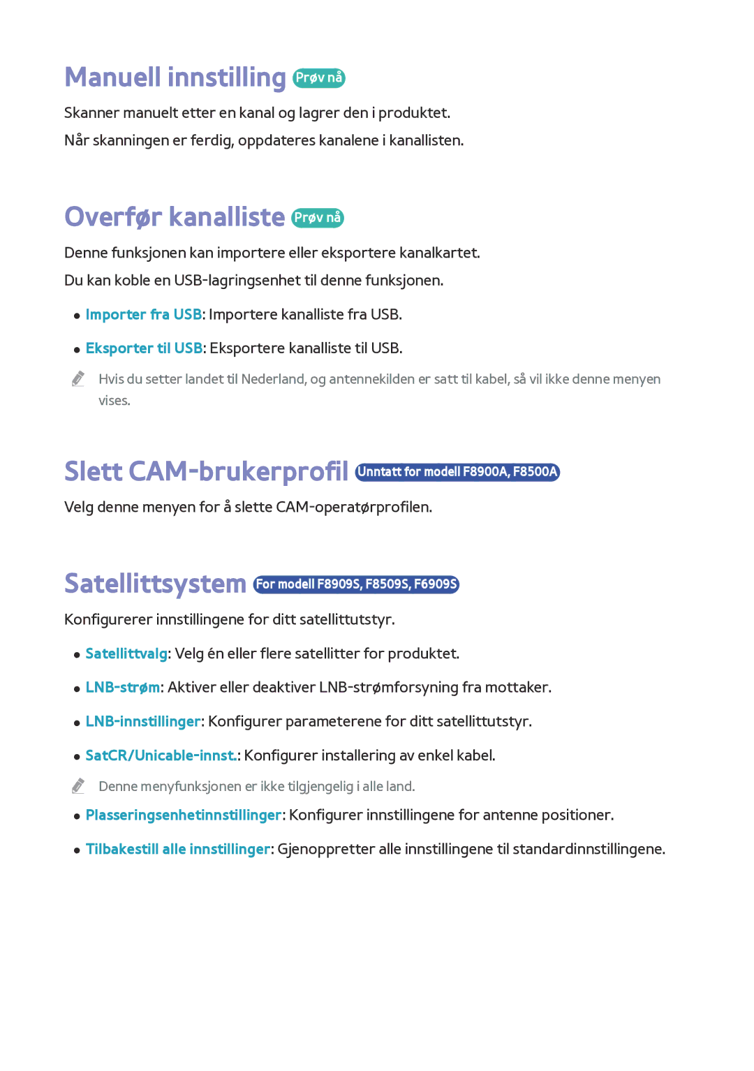 Samsung BD-F8500N/XE, BD-F8900N/XE manual Manuell innstilling Prøv nå, Overfør kanalliste Prøv nå 